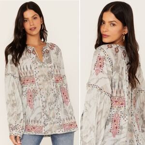 Johnny Was Biya Deliza Embroidered Silk Blouse Long Sleeve Boho Womens Medium